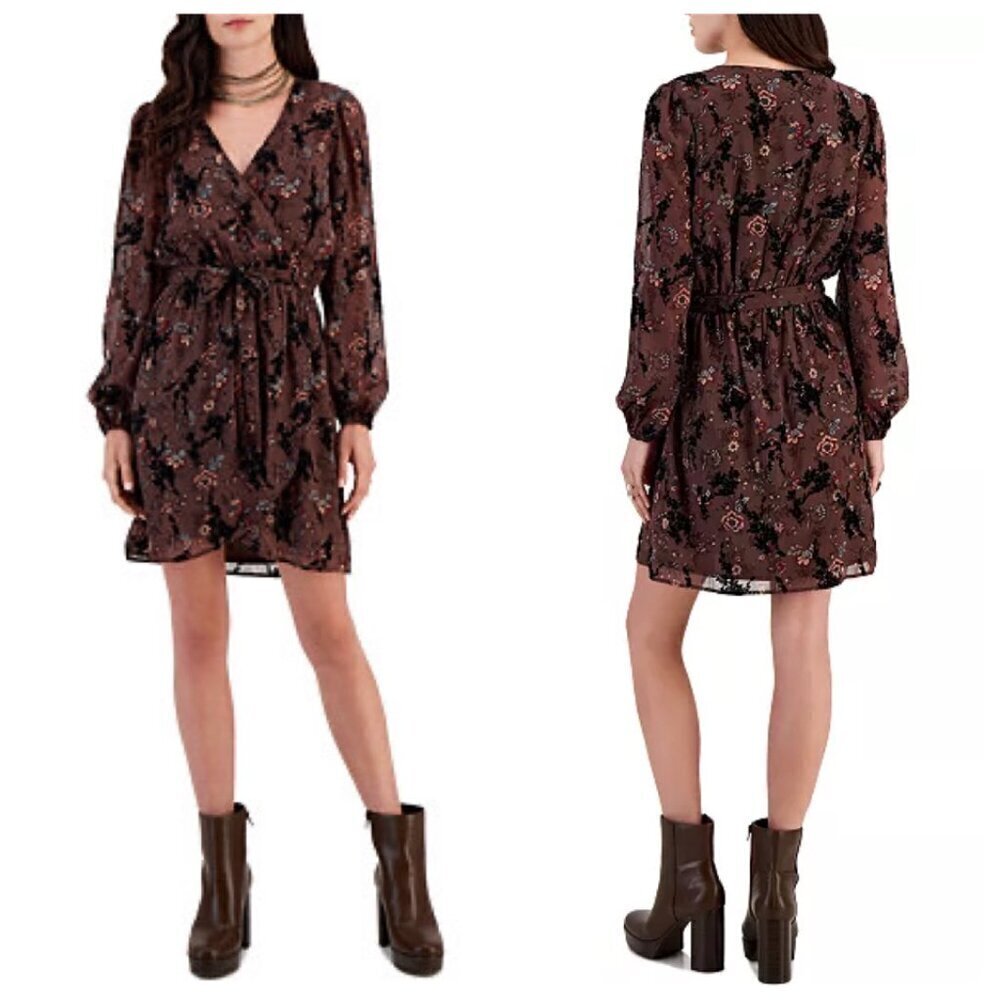 Kit & Sky Juniors' Womens Floral-Print Tie-Waist Wrap-Style Dress Large Brown